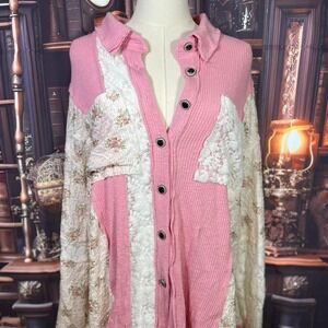 POL Pink Patchwork Button Up Boho Lace‎ Floral Cardigan Top Size Medium
